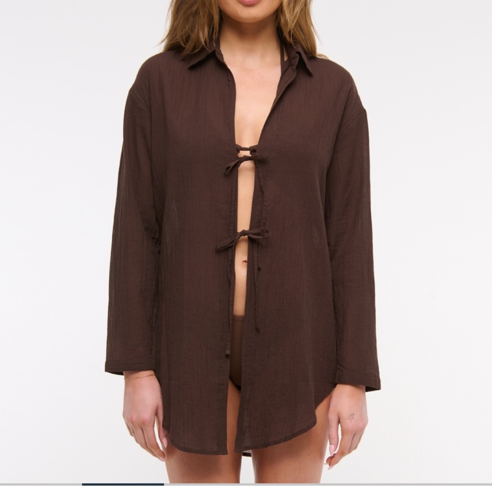 Brown Tie-Front Shirt Dress Coverup